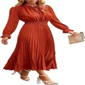 Rust red Swiss dot pleated midi dress featuring a V-neck and long sleeves for women - S / Dresses / Brick Red Long Sleeve