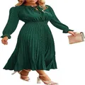 Elegant dark green Swiss dot pleated midi dress featuring long sleeves and a V-neckline - S / Dresses / Dark Green (Long Sleeve)