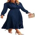 Elegant navy blue pleated midi dress with Swiss dots and stylish V-neck tie detail - S / Dresses / Navy Blue Long Sleeve