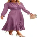 Elegant women's purple Swiss dot pleated midi dress with long sleeves and elastic waist - S / Dresses / Purple Long Sleeve
