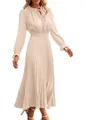 Elegant beige Swiss dot pleated midi dress with long sleeves and a feminine V-neck tie - S / Dresses / Apricot (Long Sleeve)