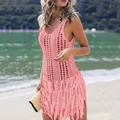 Elegante vestido de playa rosa de punto calado sin mangas para vacaciones de verano - S / Vestidos / Borla Rosa