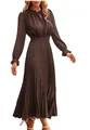Elegant brown Swiss dot pleated A-line midi dress with long ruffle sleeves and V-neck - S / Dresses / Brown (Long Sleeve)
