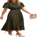 Elegant dark green casual V-neck Swiss dot pleated midi dress for stylish summer wear - S / Dresses / Army Green