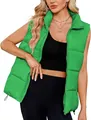 Women's winter sleeveless quilted puffer vest with stand collar in vibrant green color. - Green