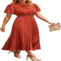 Elegant women's burnt orange Swiss dot pleated midi dress with V-neck and ruffle sleeves. - S / Dresses / Brick Red