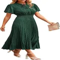 Elegant green Swiss dot pleated midi dress for summer beach vacations. - S / Dresses / Dark Green