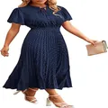 Elegant navy blue Swiss dot midi dress with pleated skirt, V-neck, and elasticated waist - S / Dresses / Navy Blue