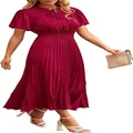 Elegant magenta swiss dot pleated midi dress featuring a V-neck and short sleeves - S / Dresses / Burgundy