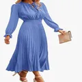 Elegant light blue Swiss dot pleated midi dress featuring a V-neck and ruffled long sleeves - S / Dresses / Light Blue