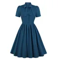 Elegante abito vintage swing color verde ottanio con scollo a fiocco e maniche corte - Taglia S / Vestiti / Aqua