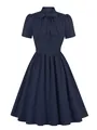 Elegant navy blue vintage swing dress featuring a bow-tie neck and short puff sleeves - Navy Blue