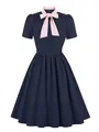 Elegant vintage navy blue flare dress with a contrasting pink bow tie collar design - Navy Blue and Pink