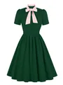 Vintage dark green swing dress featuring a contrast pink bow collar and short sleeves. - Green And Pink