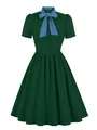 Vintage dark green A-line dress with contrast blue bow tie neck detail - Green and Blue