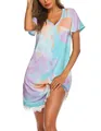 Tie-dye φόρεμα για το σπίτι με κοντό μανίκι, V λαιμόκοψη και λεπτομέρειες από δαντέλα - S / Dresses / Tie-Dye (με δαντέλα)