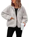 Stylish women's cozy light gray teddy fleece jacket with zipper pockets and mock neck design - S / Tops / Light Gray