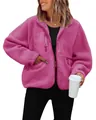 Women's cozy magenta button-up fleece jacket with pockets for fall and winter seasons - Rose Red