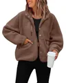Brown women's polar fleece jacket with snap button closure and secure zip pocket. - Coffee