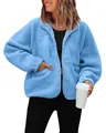 Cozy light blue women's teddy fleece jacket with front buttons and zipper pockets - Light Blue