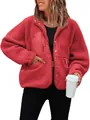 Cozy women's red teddy fleece jacket with functional zip pockets for autumn fashion - Red