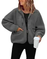 Casual women's grey sherpa fleece jacket with a zipper and chest pocket detail - Dark Gray