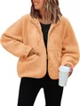 Women's cozy apricot teddy fleece jacket with multiple zippered pockets and snap buttons - Bright Orange