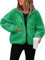 Vibrant green women's cozy sherpa fleece jacket with front buttons and functional pockets - Green