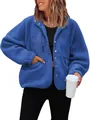 Women's cozy royal blue polar fleece jacket with front buttons and chest zipper pocket - Sapphire Blue