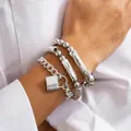 Minimalist silver fashion bracelet set with beaded chains and square lock pendant charm - Silver Square Lock Bracelet Set (5501)