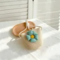 Süße sommerliche Stroh-Umhängetasche für Kinder mit grün karierter Blumen-Applikation - Kleine Tasche (14x12cm) / Grün Karierte Blume-Beige