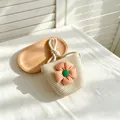 Handgemachte Stroh-Umhängetasche für Mädchen mit süßer orangefarbener Stoffblume Dek - Karo-Blumen-Stil / Kleine Tasche (14*12cm) / Orange Karo Blume - Beige