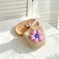Süße geflochtene Stroh-Umhängetasche für Kinder mit einer rosa Gingham-Stoffblume - Karo-Blumen-Stil / Kleine Tasche (14*12cm) / Rosa Karo Blume - Beige