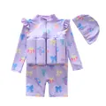 Lavendelfarbener langärmliger Kinder-Schwimmanzug mit Auftrieb und passender Badekappe - L (90-100cm, 26-32) / Kleider / Rosa Blumenmuster