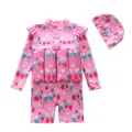 Detailansicht des pinkfarbenen Erdbeer-Auftriebsbadeanzugs für Mädchen mit Badekappe - L (90-100cm, 26-32) / Kleider / Lila Traube