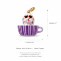 3D teacup animal series dog pendant with heart sunglasses in purple cup, copper base - Striped Cup Heart Sunglasses Bichon (No.9) Pendant Only (Without Chain)