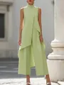 Combinaison élégante vert clair sans manches à col montant et design irrégulier - Vert