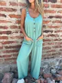 Full-length detail of a mint green casual sleeveless jumpsuit with buttons and pockets. - 4XL / Dresses / Sky Blue