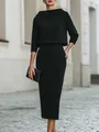 Elegante conjunto negro de dos piezas con top de cuello barco y falda lápiz midi urbana. - XS / Top Y Pantalón / Negro