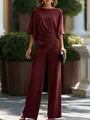 Elegante conjunto burdeos de dos piezas con top drapeado y pantalones de pierna ancha - S / Top Y Pantalón / Burdeos