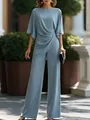 Elegante conjunto de blusa azul claro con cintura drapeada y pantalones anchos - S / Top Y Pantalón / Verde azulado