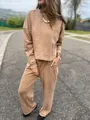 Women's casual acid-wash two-piece lounge set with drawstring pants and long-sleeve sweatshirt - S / Top And Bottom / Khaki