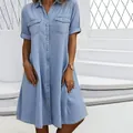 Elegant light blue denim shirt dress with half sleeves and front button closure - 3XL / Dresses / Sky Blue