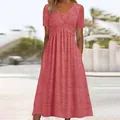 Detail of summer short-sleeve V-neck maxi dress with pockets in coral red - S / Tops / Watermelon red