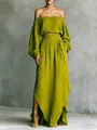 Elegante set due pezzi top in lino con spalle scoperte verde oliva e gonna lunga asimmetrica - Taglia S / Top E Pantaloni / Verde