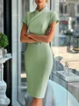 Detail view of a mint green slim-fit bodycon dress with an asymmetric collar - S / Dresses / Light Green
