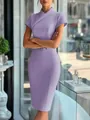 Detailed view of lilac slim fit dress with asymmetric collar and decorative waist buckle - S / Dresses / Light Purple