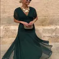 Elegante abito lungo verde scuro con scollo a V e pieghe con fodera - Taglia S / Vestiti / Verde scuro