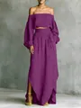 Vista completa del set viola con crop top senza spalline e gonna lunga maxi - Taglia S / Top E Pantaloni / Viola
