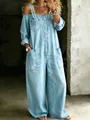 Mono vaquero informal azul claro con hombros descubiertos, botones frontales y bolsillos - S / Vestidos / Azul lago